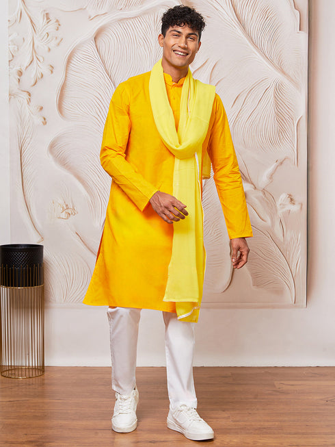 Men's Yellow Cotton Kurta,Pyjama And Dupatta Set